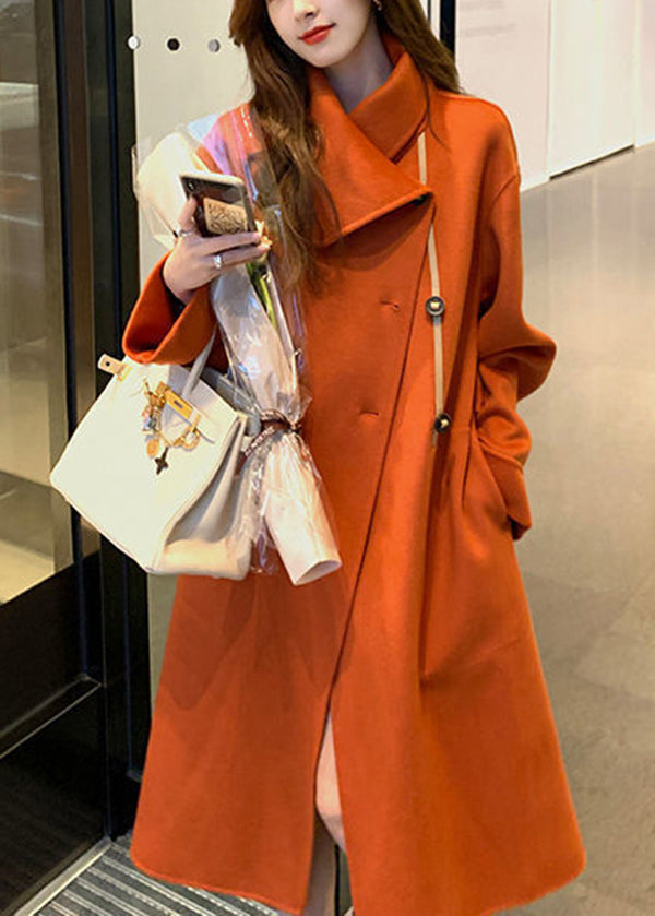 Women Orange Asymmetrical Tie Waist Woolen Trench Fall