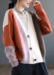 Women Orange Colorblock Button Patchwork Knitting Cardigan Fall