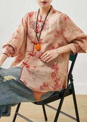 Women Orange Embroidered Print Linen Blouse Top Summer