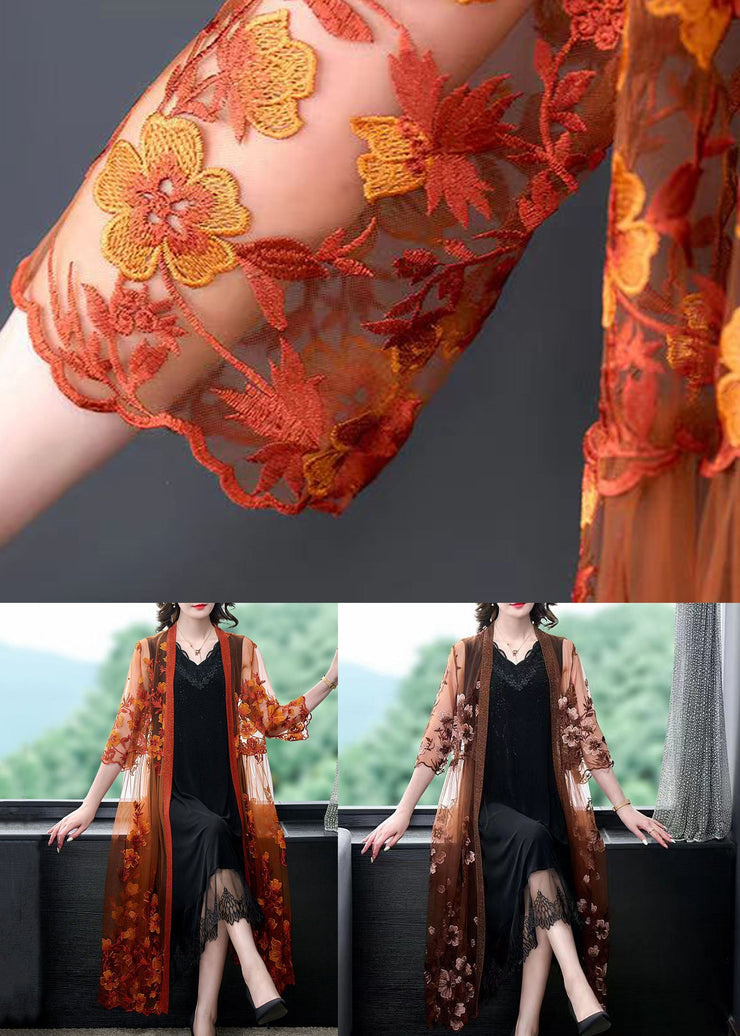 Women Orange Embroideried Patchwork Tulle Long Dresses Summer