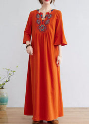 Women Orange Embroideried Wrinkled Cotton Maxi Dress Bracelet Sleeve