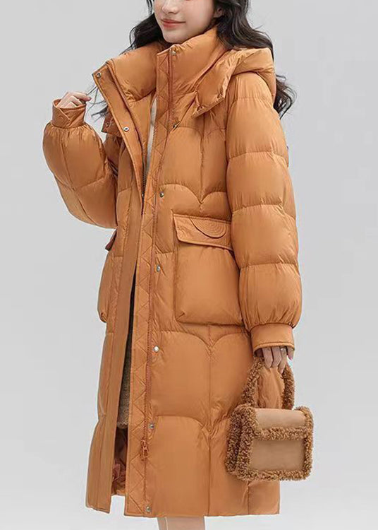 Women Orange Hooded Pockets Patchwork Duck Down Long Coat Winter