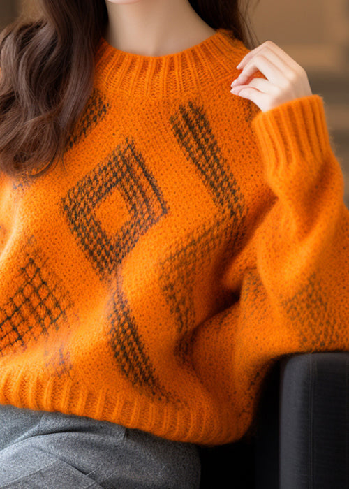 Women Orange O Neck Cozy Thick Cotton Knit Sweaters Long Sleeve