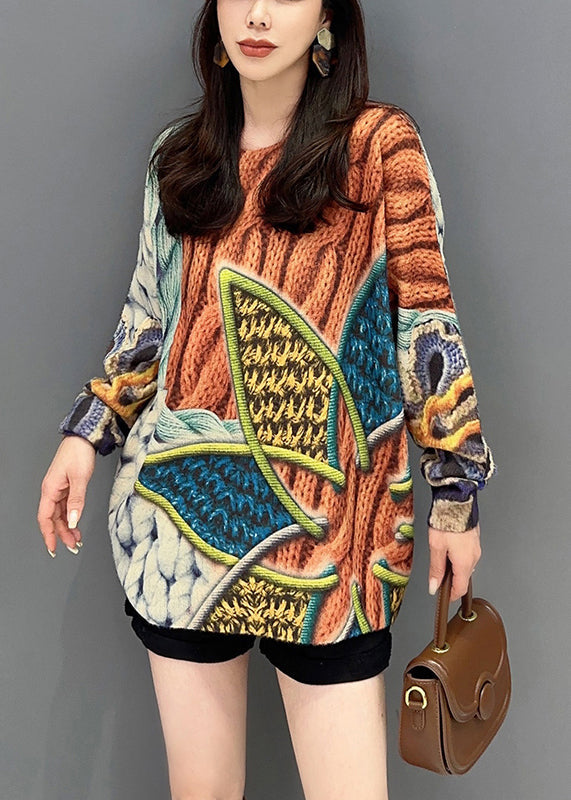 Women Orange O Neck Print Cozy Knitted Cotton Top Long Sleeve