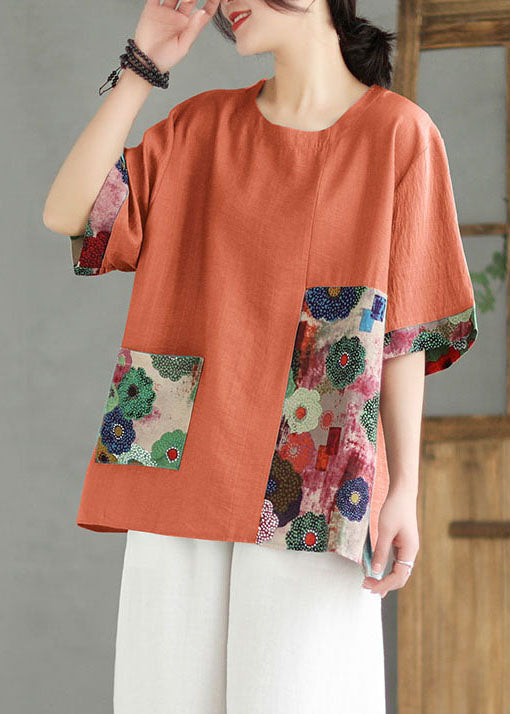 Women Print3  O Neck Print Patchwork Linen T Shirt Top Summer