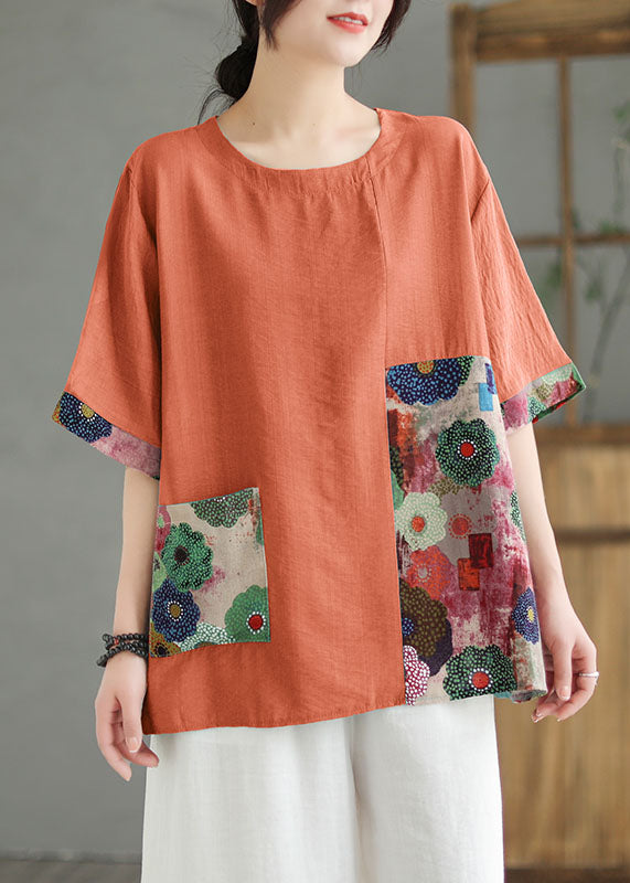 Women Print5  O Neck Print Patchwork Linen T Shirt Top Summer