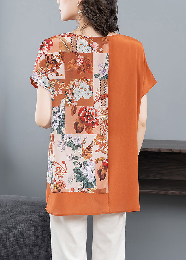 Women Orange O Neck Print Patchwork Silk T Shirt Tops Summer