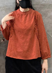 Women Orange O-Neck Ruffled Patchwork Cotton Tops Fall