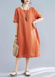 Women Orange O Neck Wrinkled Patchwork Cotton Dress Summer