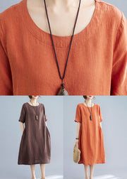 Women Orange O Neck Wrinkled Patchwork Cotton Dress Summer