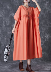 Women Orange Oversized Patchwork Linen Dress Puff Sleeve