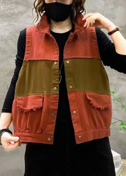 Women Orange Peter Pan Collar Button Patchwork Cotton Waistcoat Sleeveless