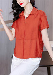 Women Orange Peter Pan Collar Cotton Blouses Summer