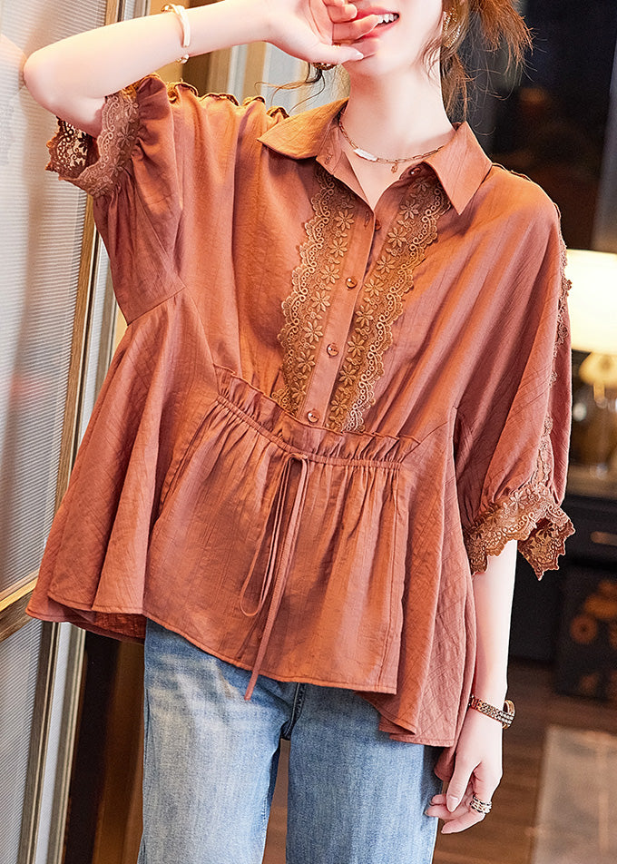 Women Orange Peter Pan Collar Lace Patchwork Drawstring Tie Waist Button Shirt Batwing Sleeve