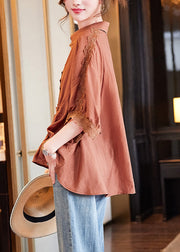 Women Orange Peter Pan Collar Lace Patchwork Drawstring Tie Waist Button Shirt Batwing Sleeve