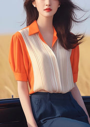 Women Orange Peter Pan Collar Patchwork Chiffon Shirt Summer