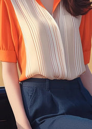 Women Orange Peter Pan Collar Patchwork Chiffon Shirt Summer