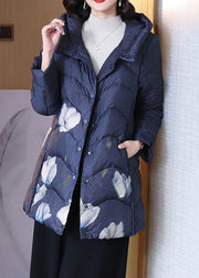 Women Orange Print Hooded Button Duck Down Parka Winter