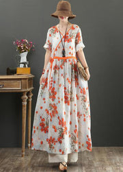 Women Orange Print Tie Waist Exra Large Hem Cotton Dresses Summer