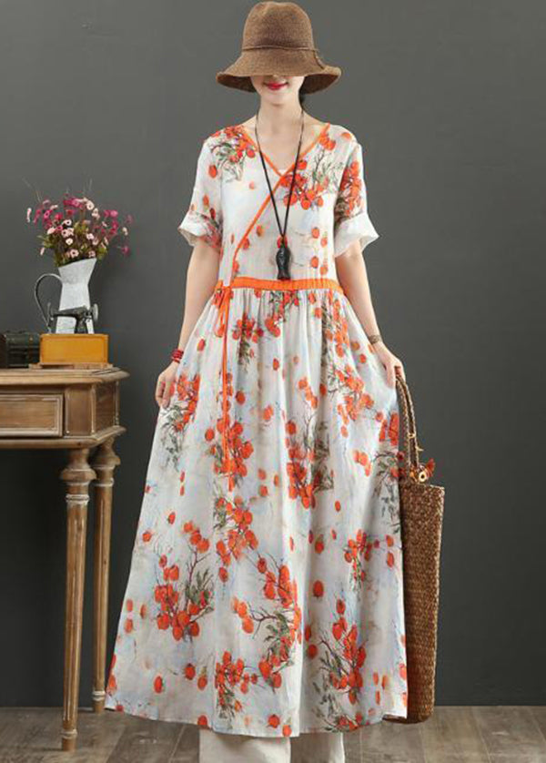 Women Orange Print Tie Waist Exra Large Hem Cotton Dresses Summer