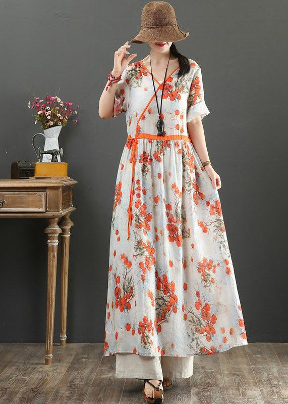 Women Orange Print Tie Waist Exra Large Hem Cotton Dresses Summer