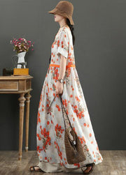 Women Orange Print Tie Waist Exra Large Hem Cotton Dresses Summer