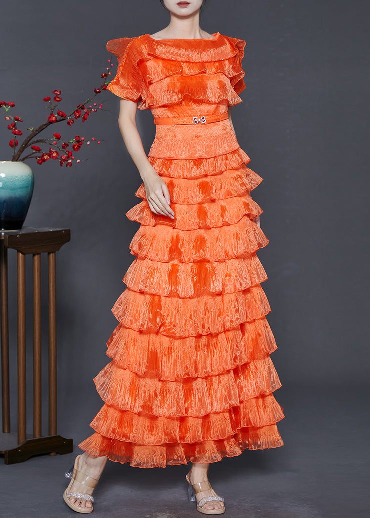 Women Orange Ruffled Patchwork Layered Organza Dresses Summer