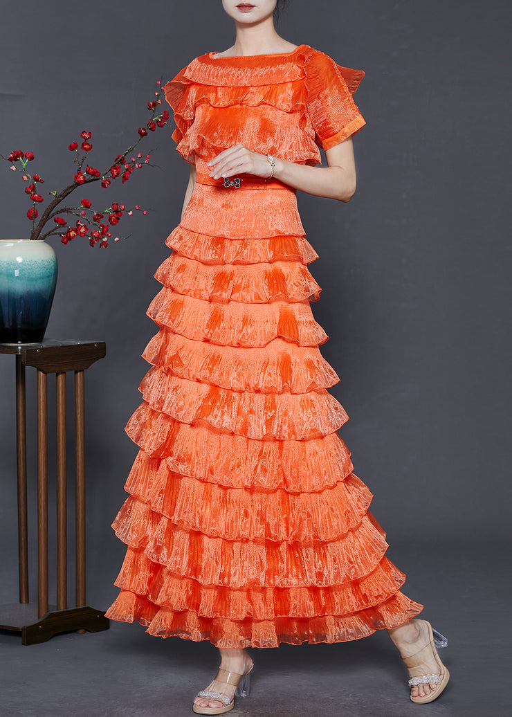 Women Orange Ruffled Patchwork Layered Organza Dresses Summer