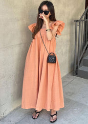 Women Orange Square Collar Oversized Cotton A Line Dresses Butterfly Sleeve