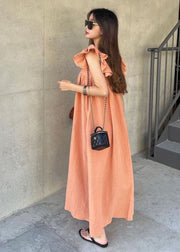 Women Orange Square Collar Oversized Cotton A Line Dresses Butterfly Sleeve