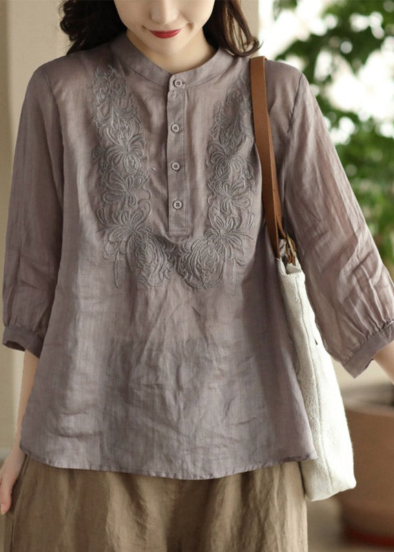 Women Orange Stand Collar Embroideried Floral Shirt Long Sleeve