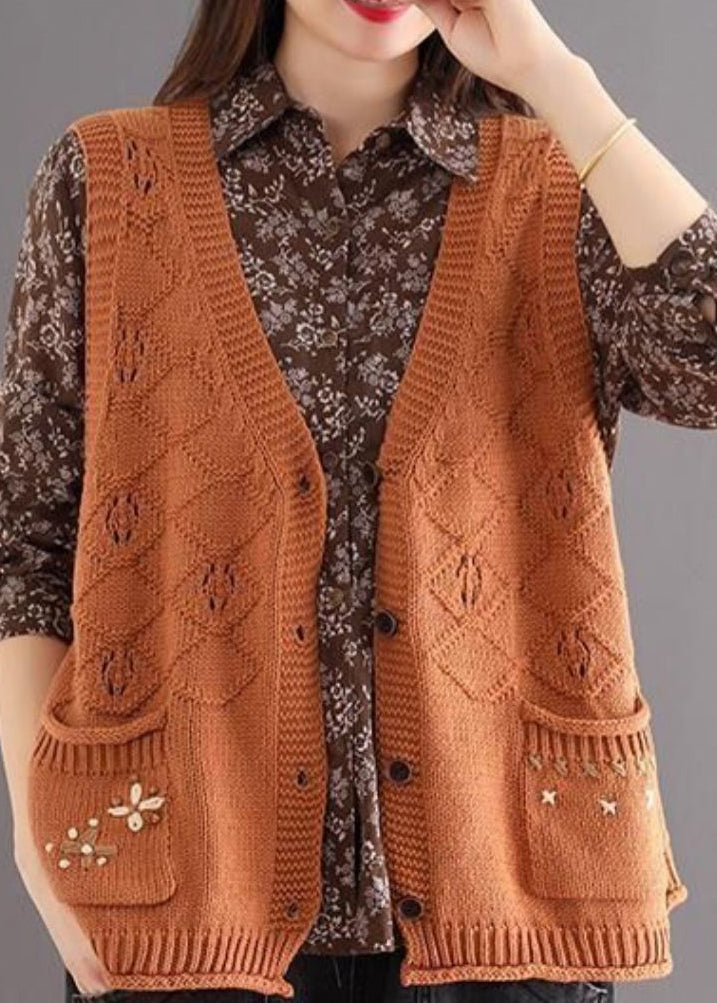 Women Orange V Neck Button Pockets Cotton Knit Waistcoat Sleeveless