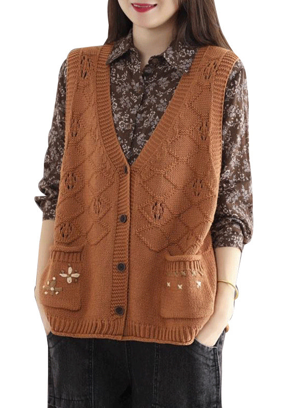 Women Orange V Neck Button Pockets Cotton Knit Waistcoat Sleeveless