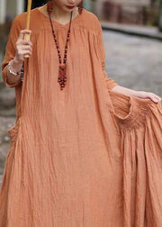 Women Orange V Neck Pockets Linen Long Dresses Bracelet Sleeve