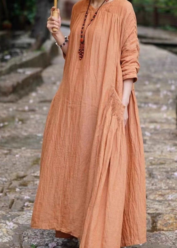 Women Orange V Neck Pockets Linen Long Dresses Bracelet Sleeve