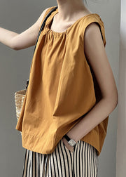 Women Orange Wrinkled Solid Cotton Top Sleeveless