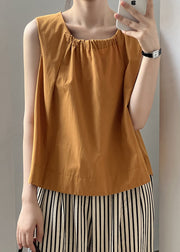 Women Orange Wrinkled Solid Cotton Top Sleeveless