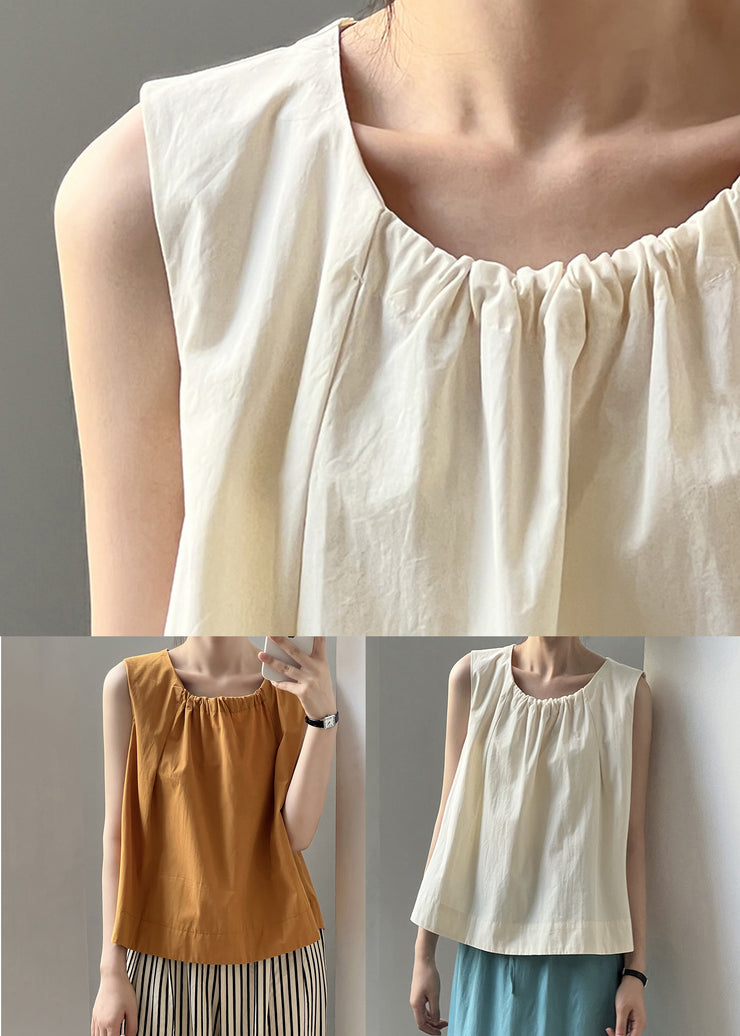 Women Orange Wrinkled Solid Cotton Top Sleeveless