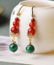 Women Overgild Agate Gem Stone Round Drop Earrings