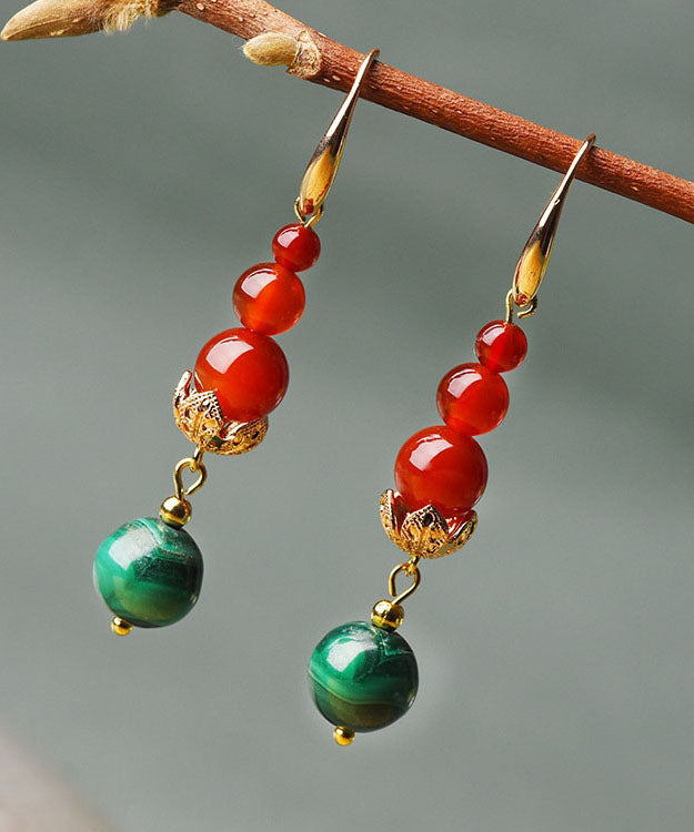 Women Overgild Agate Gem Stone Round Drop Earrings