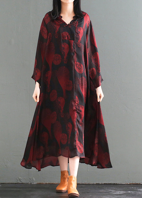 Women Oversized Chinese Button Print Silk Long Dress Fall