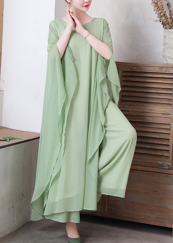 Women Pea Green Asymmetrical Solid Chiffon Long Dress And Wide Leg Pants Two Pieces Set Spring