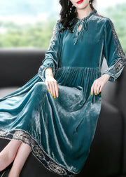 Women Peacock Blue Ruffled Embroideried Patchwork Silk Velour Dress Spring