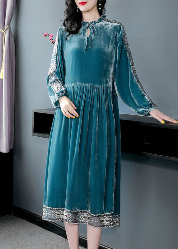 Women Peacock Blue Ruffled Embroideried Patchwork Silk Velour Dress Spring