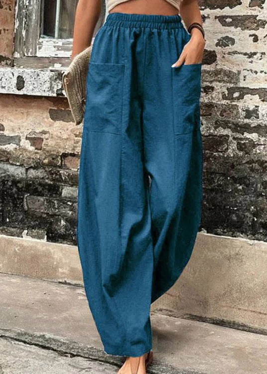 Women Peacock Blue Solid Casual Ice Silk Long Trousers