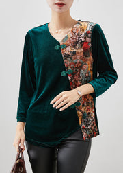 Women Peacock Green Asymmetrical Patchwork Silk Velour Shirt Tops Winter