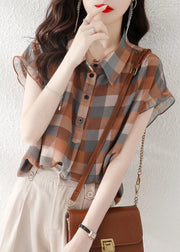 Women Peter Pan Collar Plaid Chiffon Shirts Short Sleeve