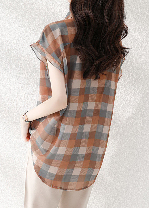 Women Peter Pan Collar Plaid Chiffon Shirts Short Sleeve