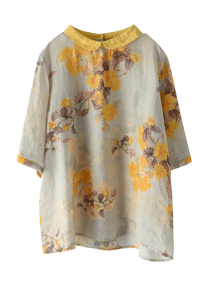 Women Peter Pan Collar Print Button Linen Shirt Half Sleeve