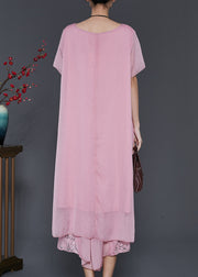 Women Pink Asymmetrical Patchwork Lace Chiffon Two Pieces Set Summer